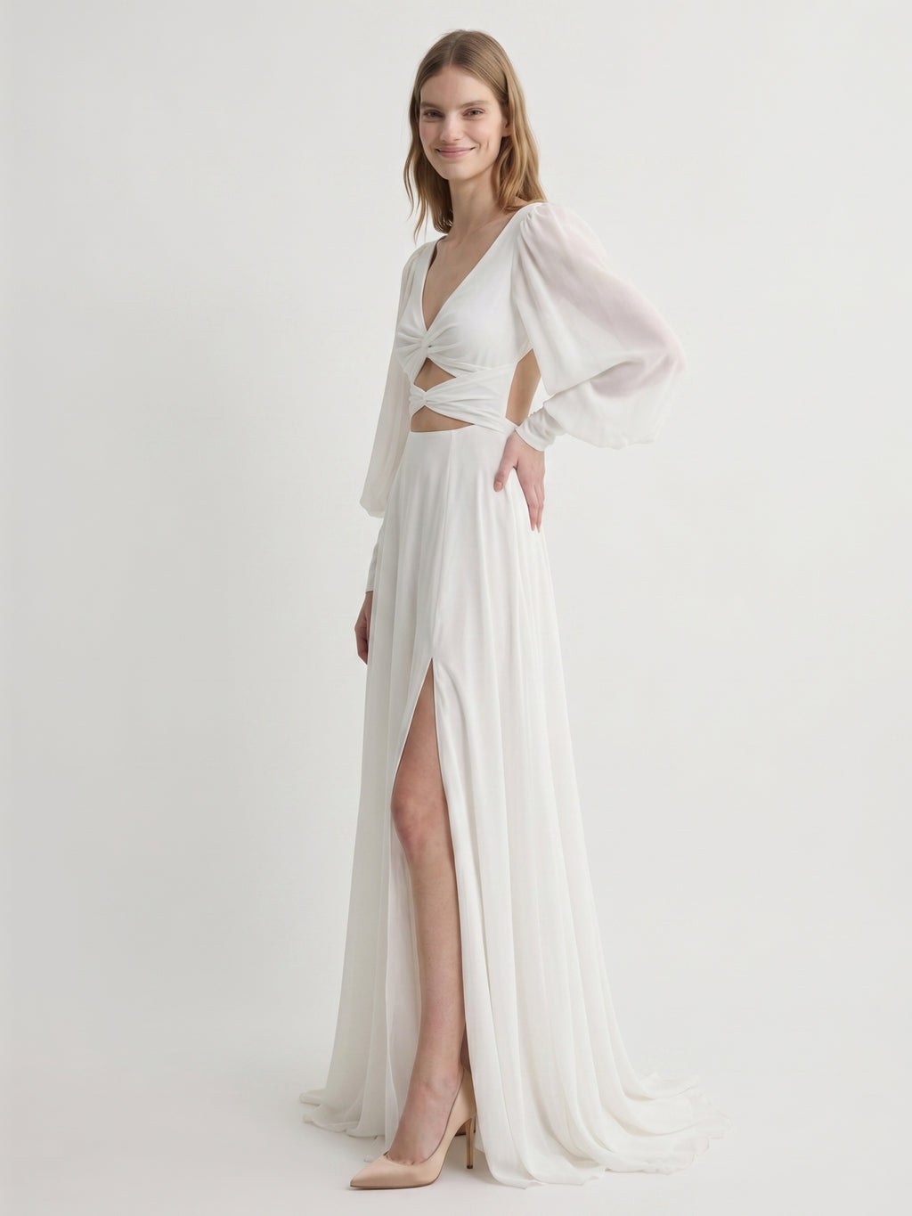 White Chiffon A-Line V-Neck Backless Floor-Length Pleated Bridesmaid Dress