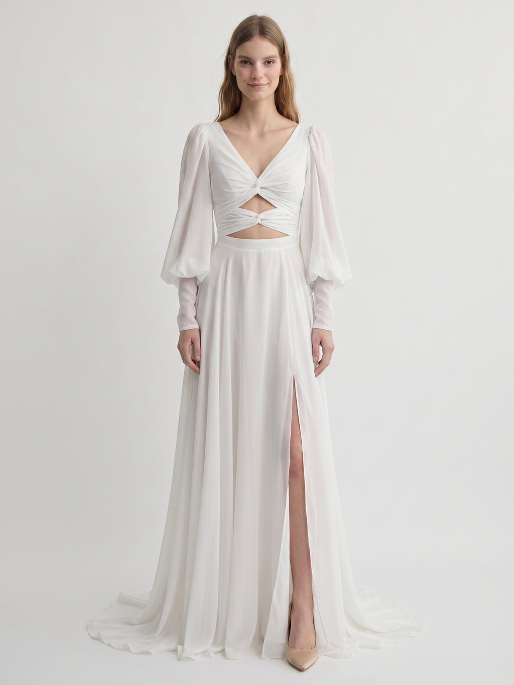 White Chiffon A-Line V-Neck Backless Floor-Length Pleated Bridesmaid Dress