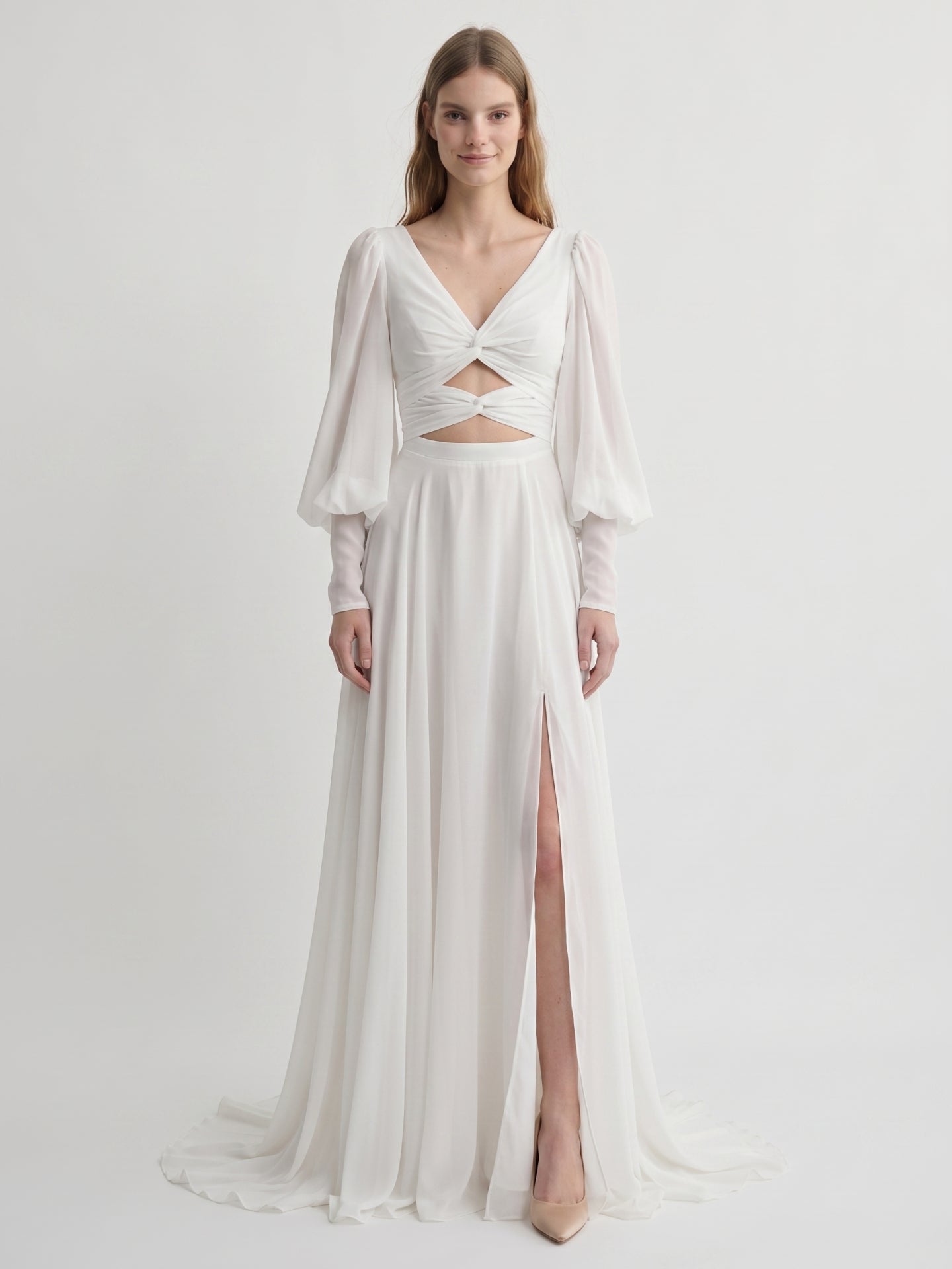 White Chiffon A-Line V-Neck Backless Floor-Length Pleated Bridesmaid Dress