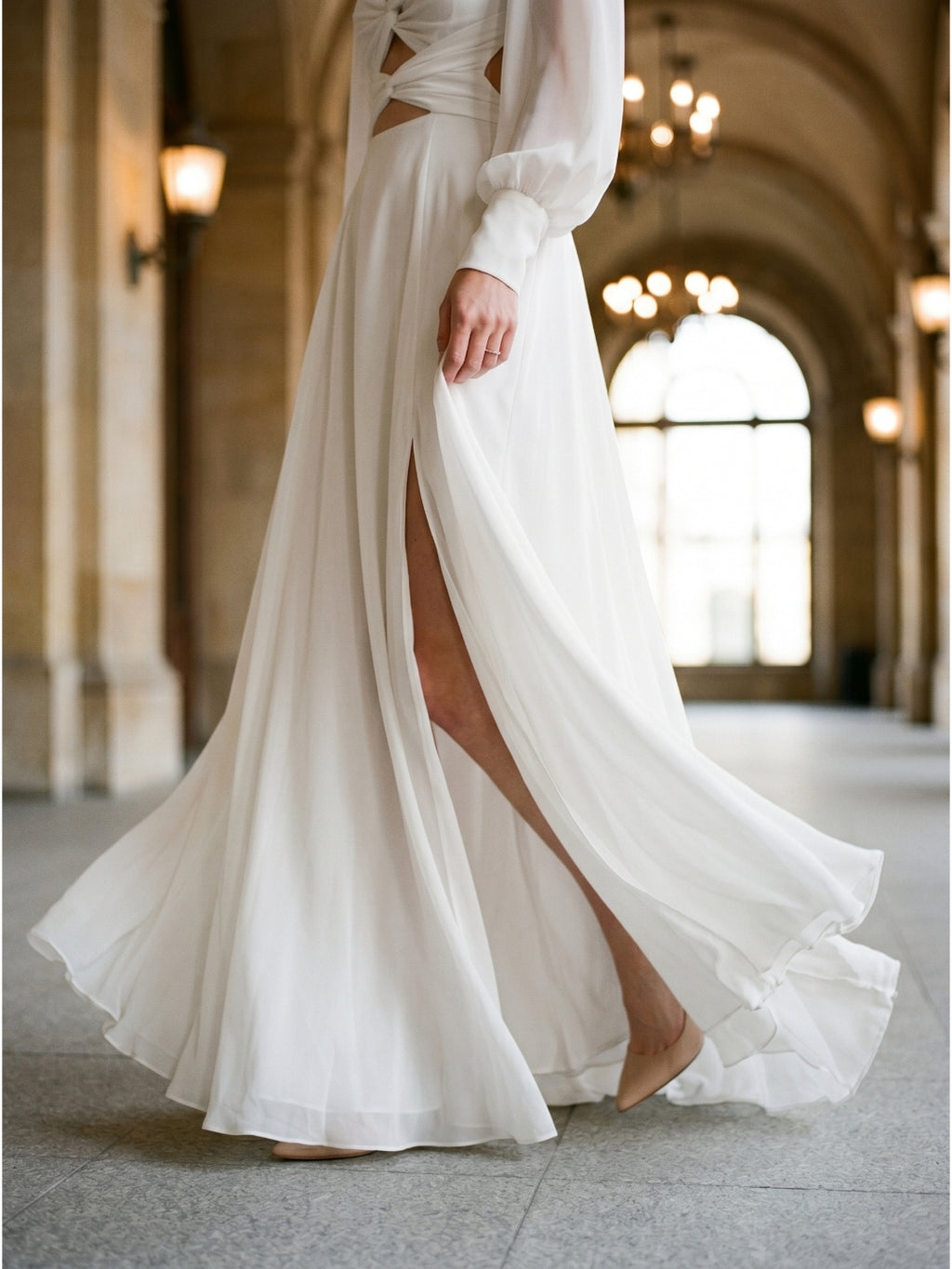 White Chiffon A-Line V-Neck Backless Floor-Length Pleated Bridesmaid Dress