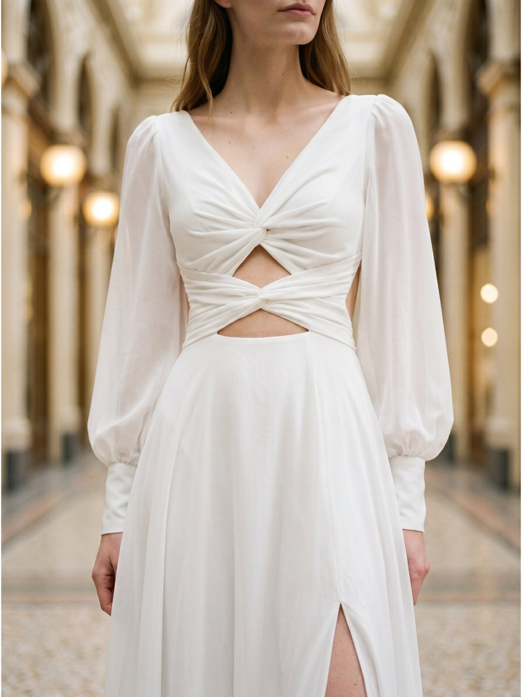 White Chiffon A-Line V-Neck Backless Floor-Length Pleated Bridesmaid Dress