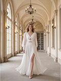White Chiffon A-Line V-Neck Backless Floor-Length Pleated Bridesmaid Dress