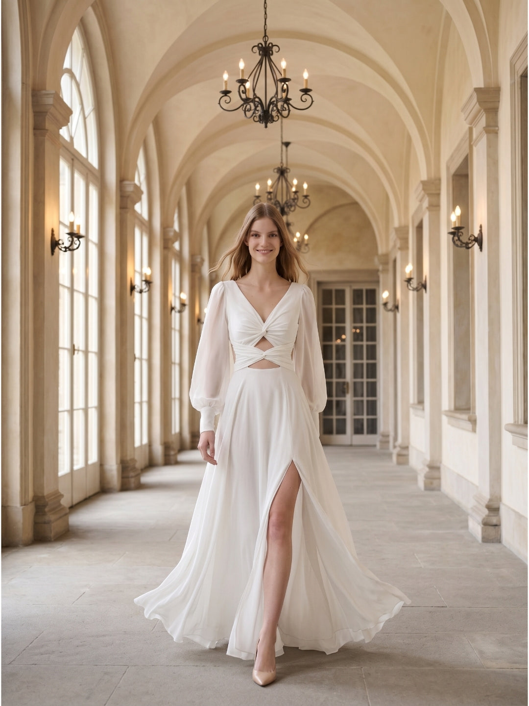 White Chiffon A-Line V-Neck Backless Floor-Length Pleated Bridesmaid Dress