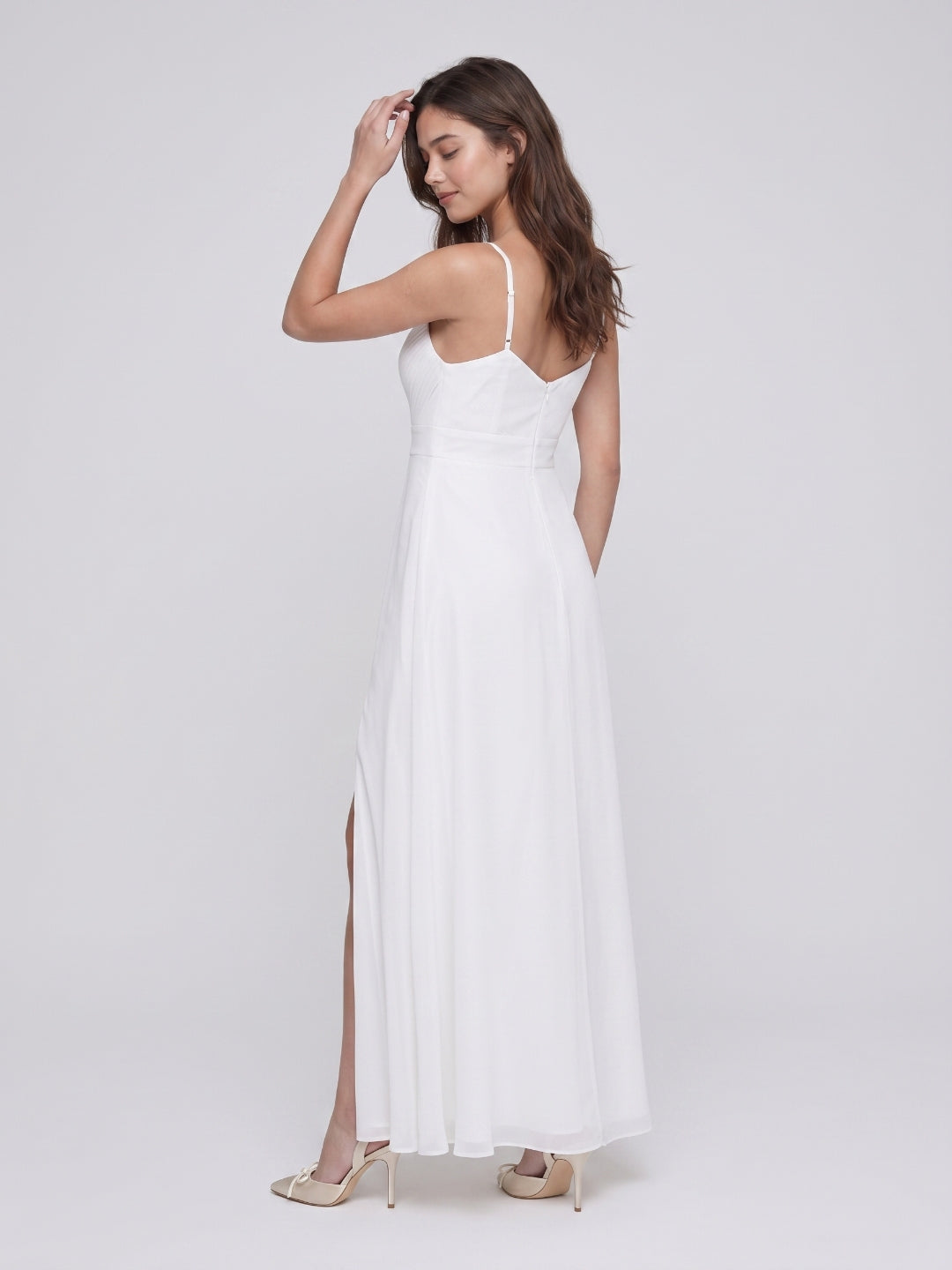 White Chiffon A-Line V-Neck V-Back Floor-Length Bridesmaid Dress with Pleating