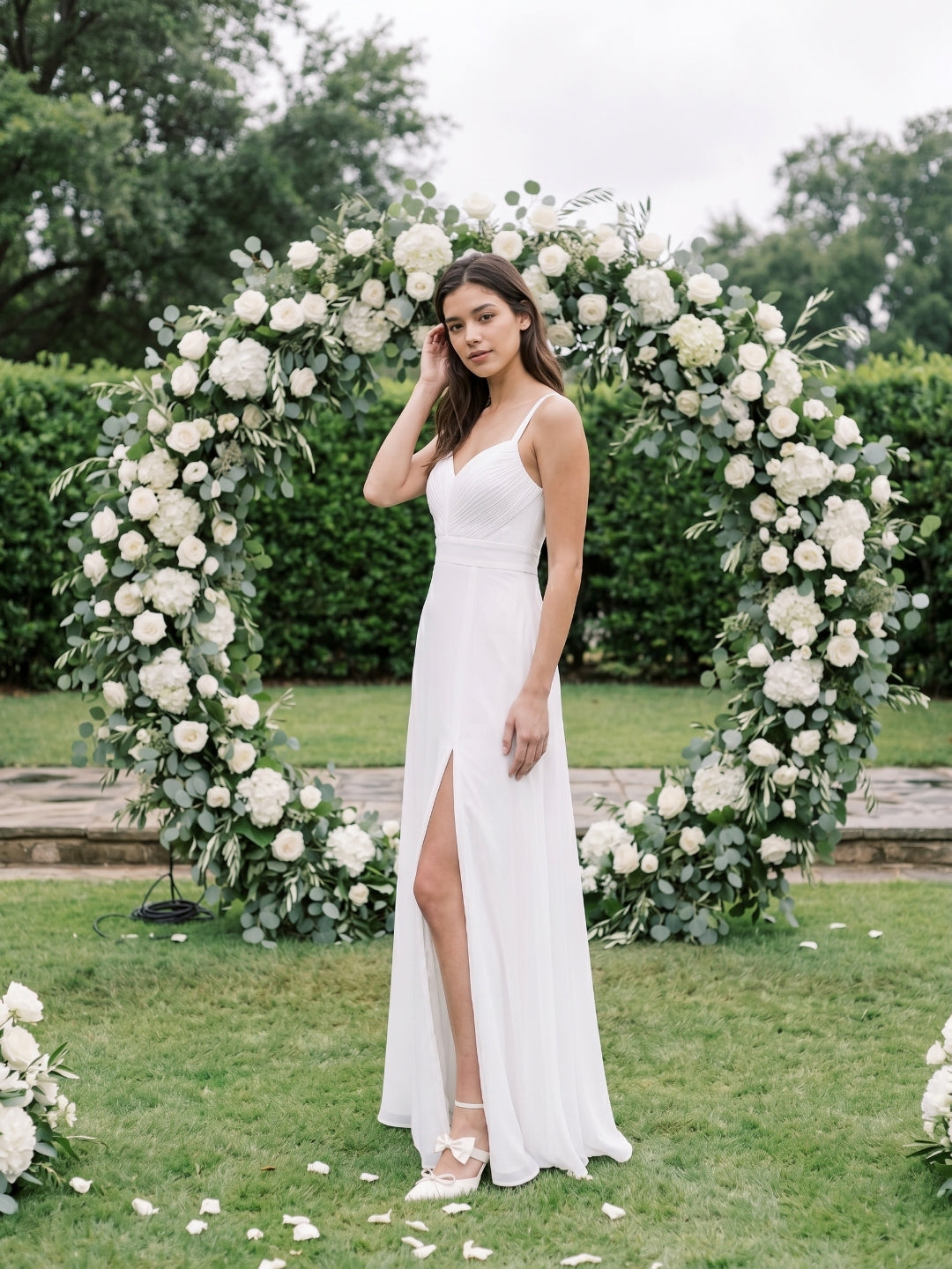 White Chiffon A-Line V-Neck V-Back Floor-Length Bridesmaid Dress with Pleating
