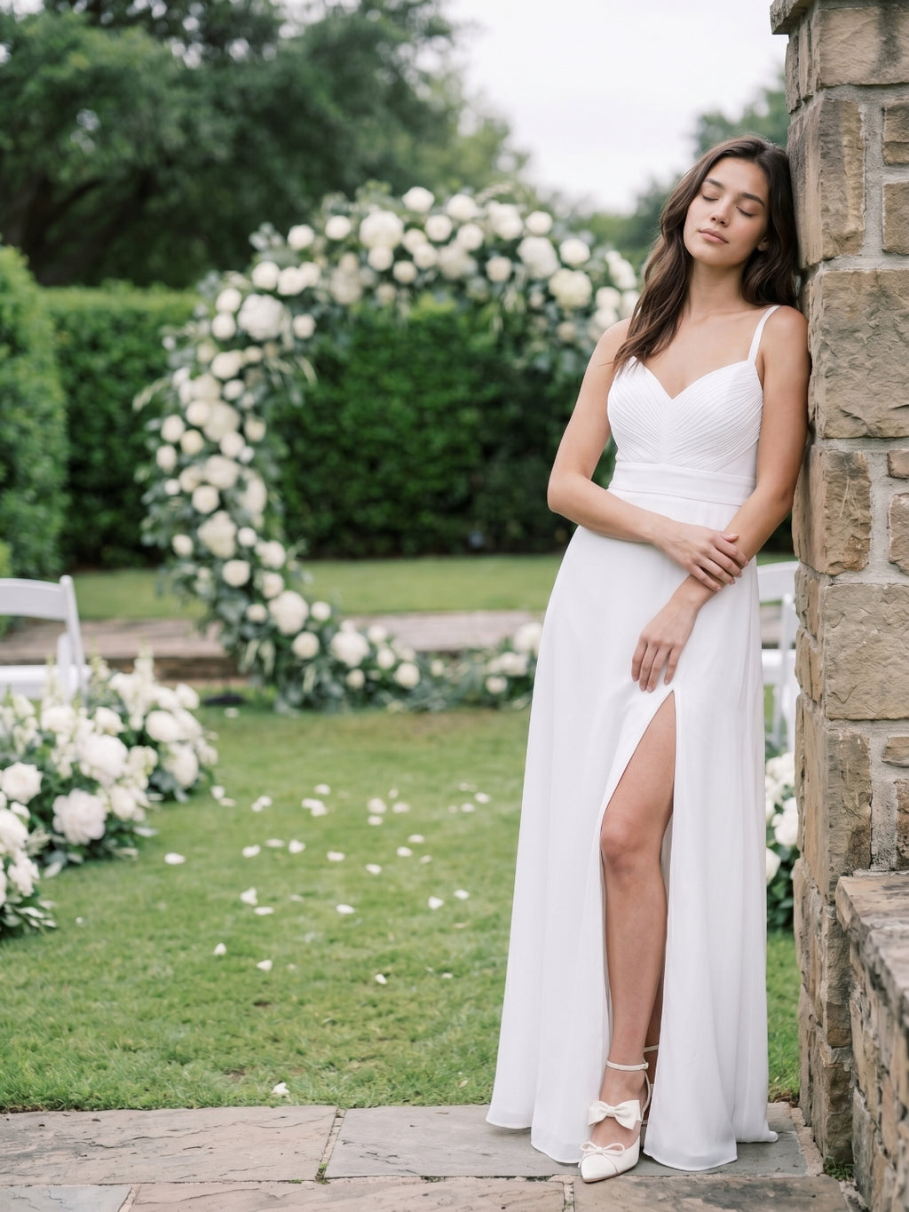 White Chiffon A-Line V-Neck V-Back Floor-Length Bridesmaid Dress with Pleating