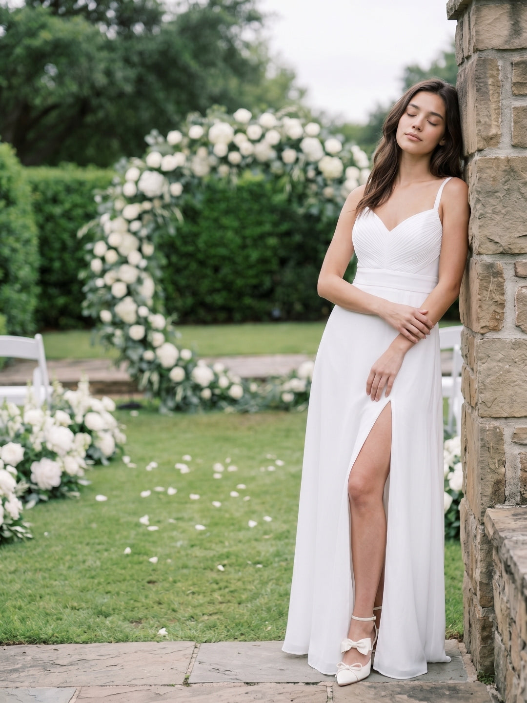 White Chiffon A-Line V-Neck V-Back Floor-Length Bridesmaid Dress with Pleating