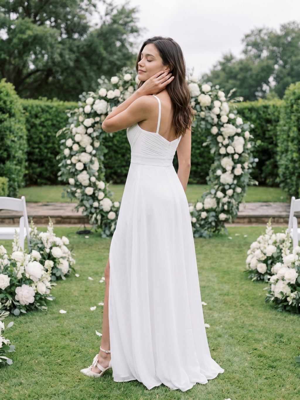 White Chiffon A-Line V-Neck V-Back Floor-Length Bridesmaid Dress with Pleating