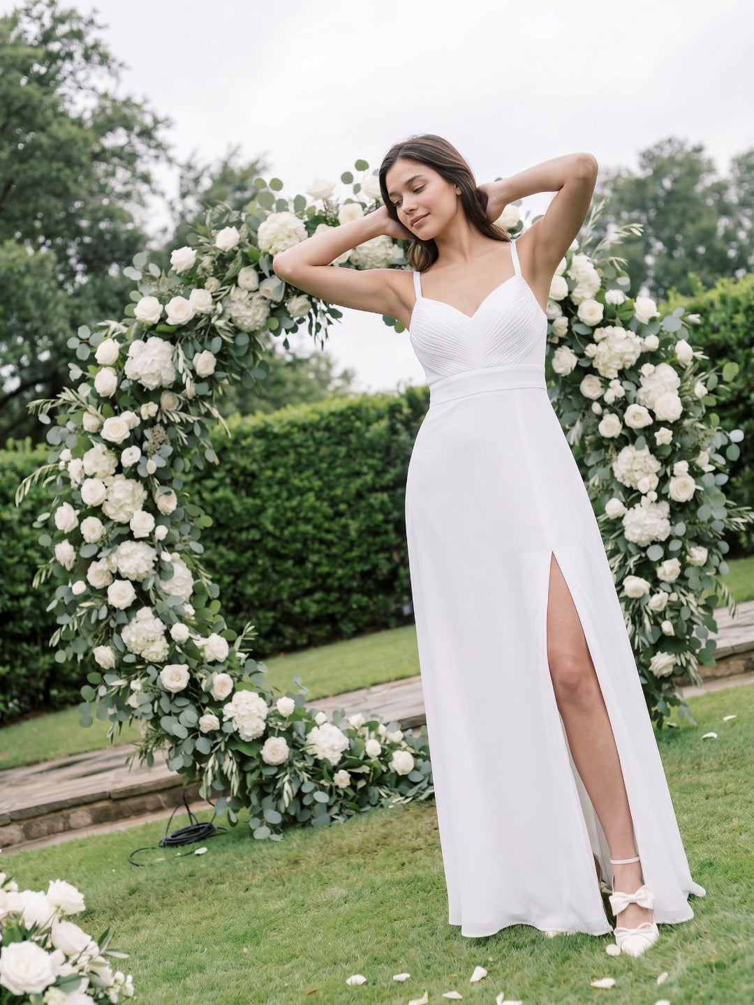 White Chiffon A-Line V-Neck V-Back Floor-Length Bridesmaid Dress with Pleating