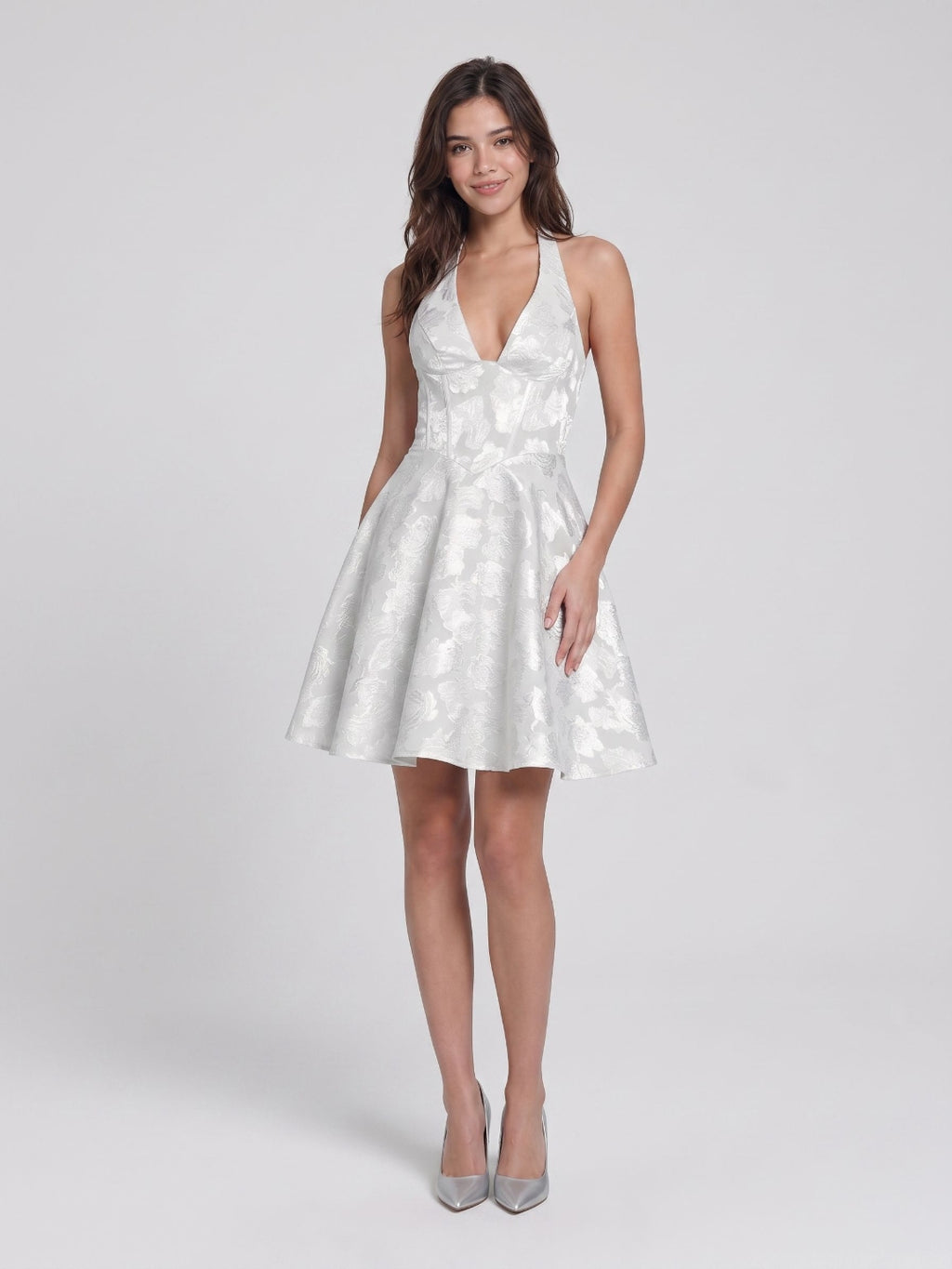 White Jacquard A-Line Halter Neckline Lace-Up Back Short Party Dress with Bow