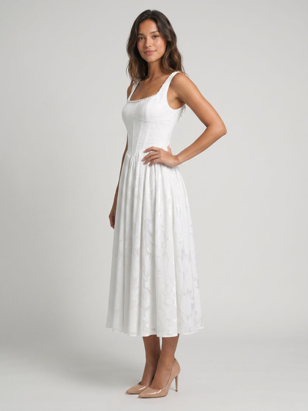 White Jacquard A-Line Square Neck Tea-Length Party Dress with Beading