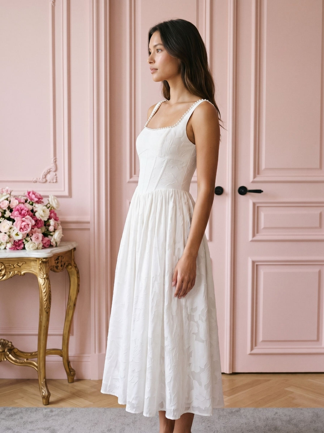 White Jacquard A-Line Square Neck Tea-Length Party Dress with Beading