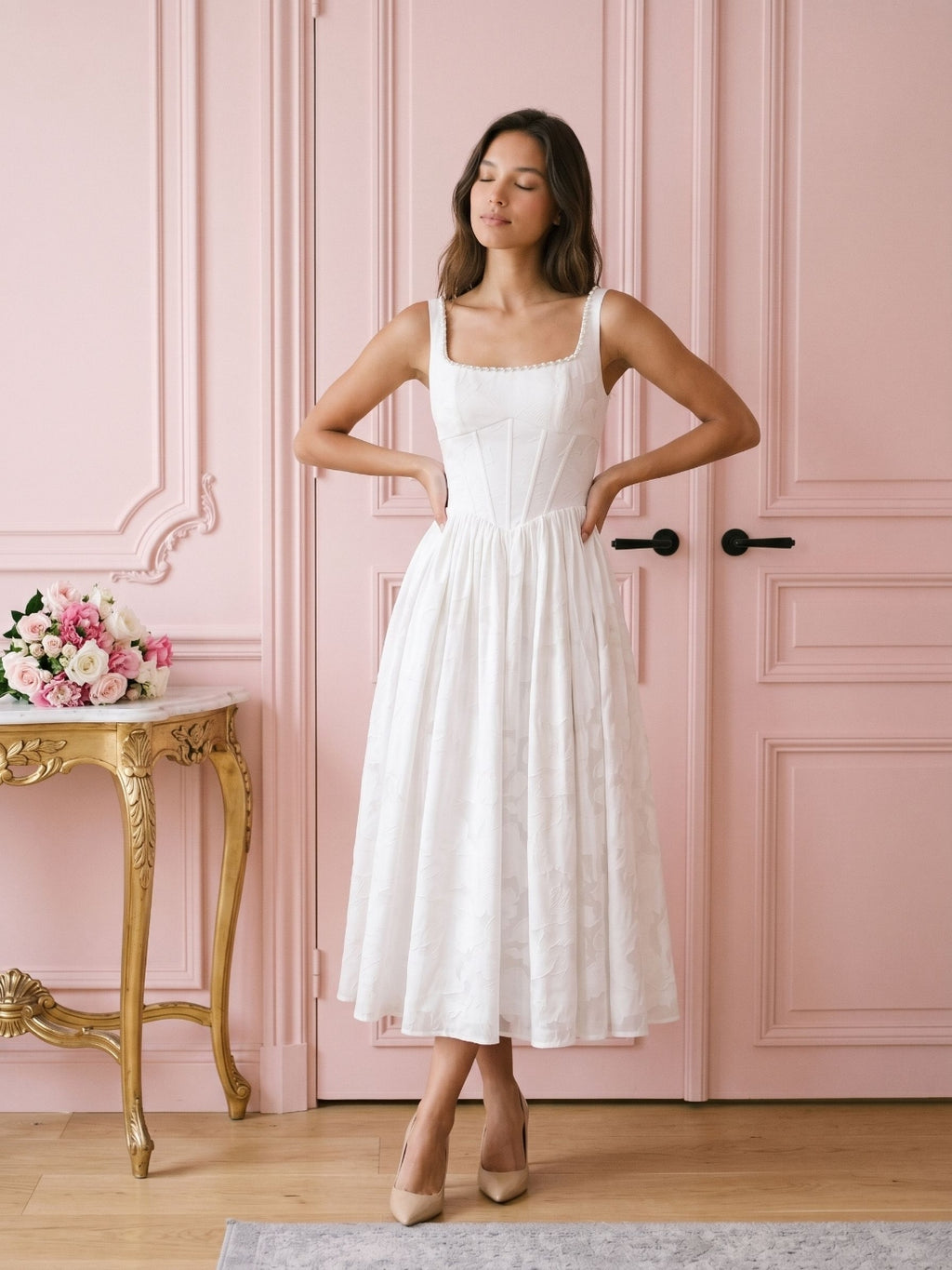 White Jacquard A-Line Square Neck Tea-Length Party Dress with Beading