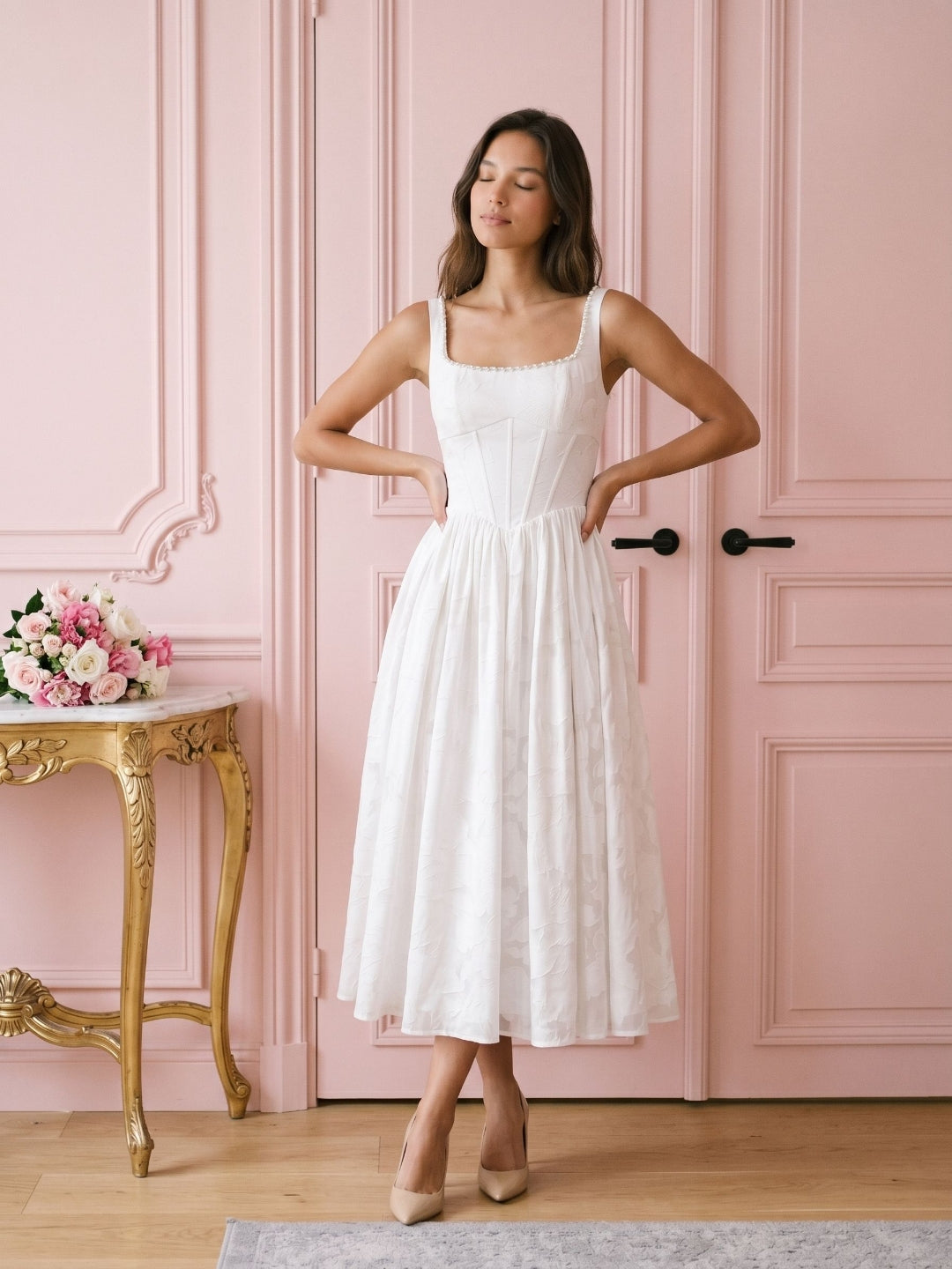 White Jacquard A-Line Square Neck Tea-Length Party Dress with Beading