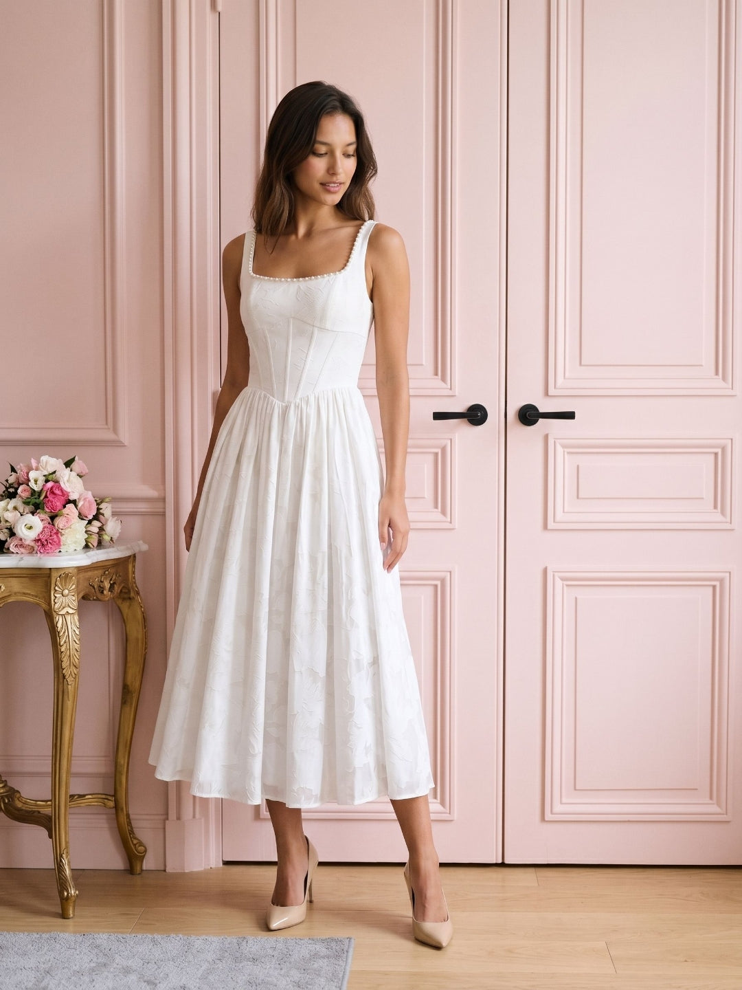 White Jacquard A-Line Square Neck Tea-Length Party Dress with Beading
