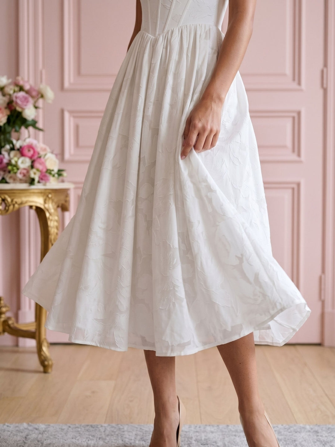 White Jacquard A-Line Square Neck Tea-Length Party Dress with Beading