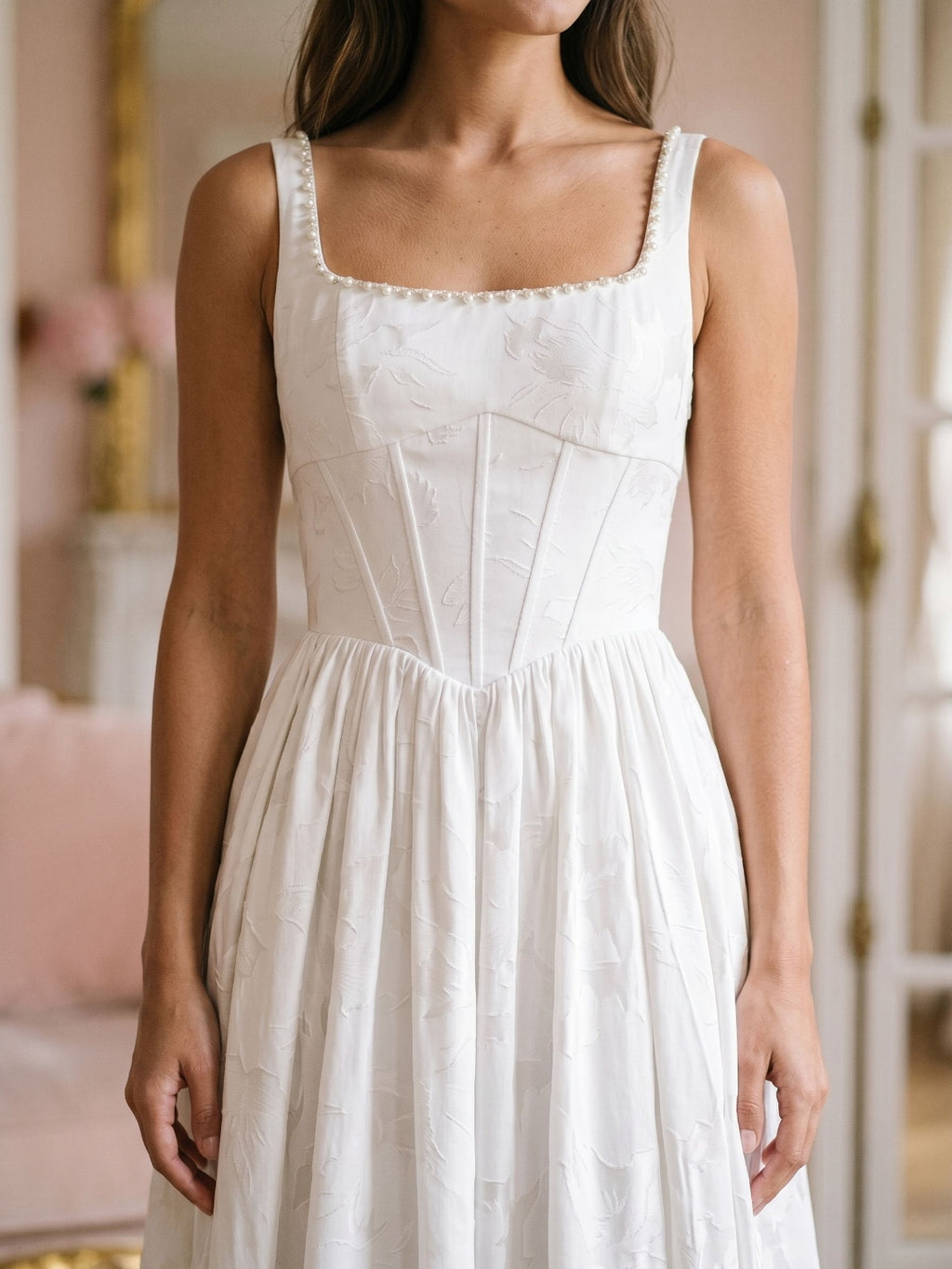 White Jacquard A-Line Square Neck Tea-Length Party Dress with Beading