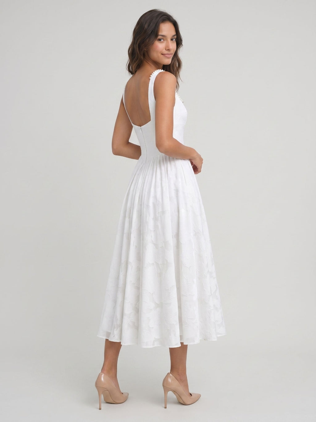 White Jacquard A-Line Square Neck Tea-Length Party Dress with Beading