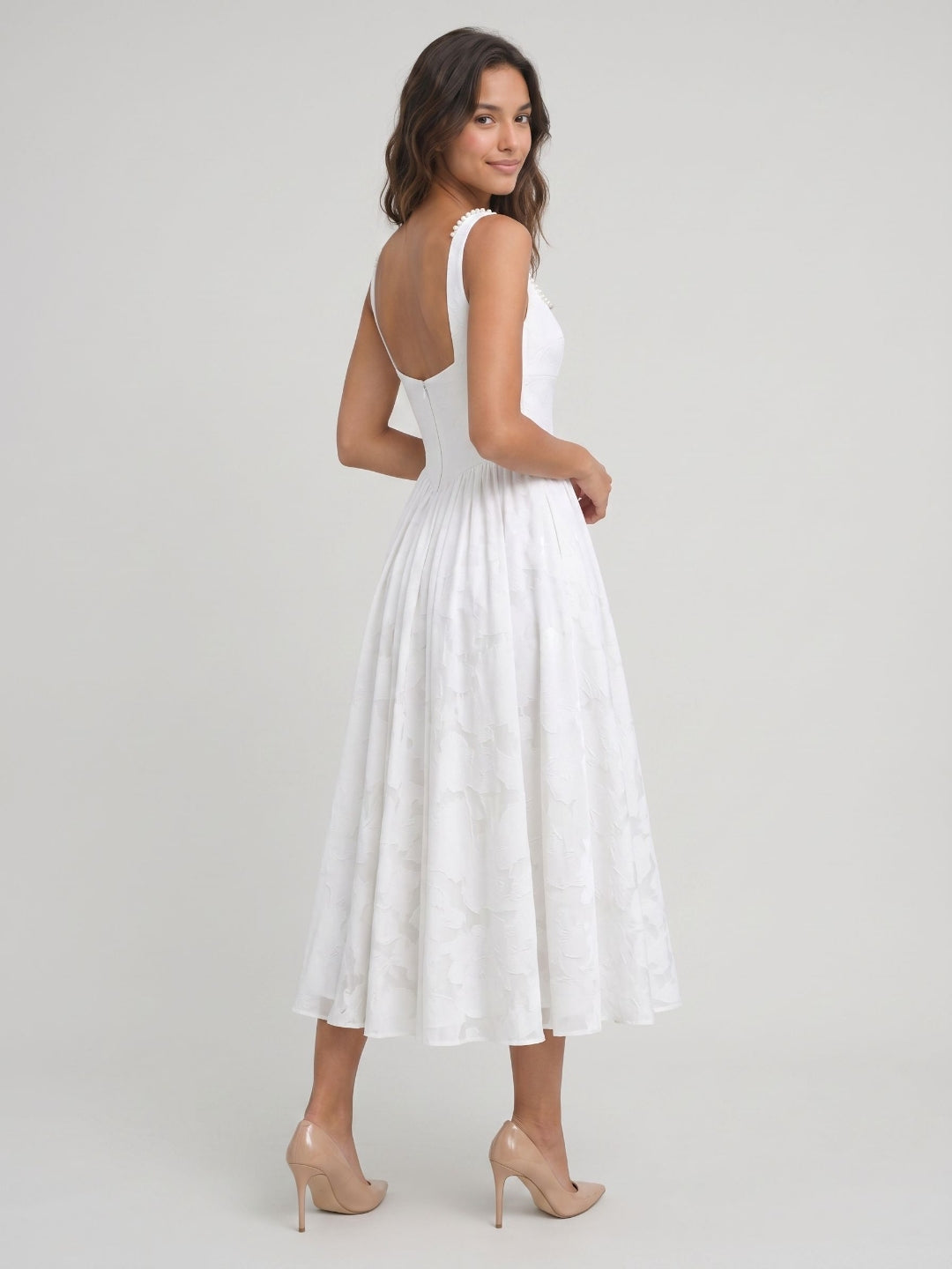 White Jacquard A-Line Square Neck Tea-Length Party Dress with Beading