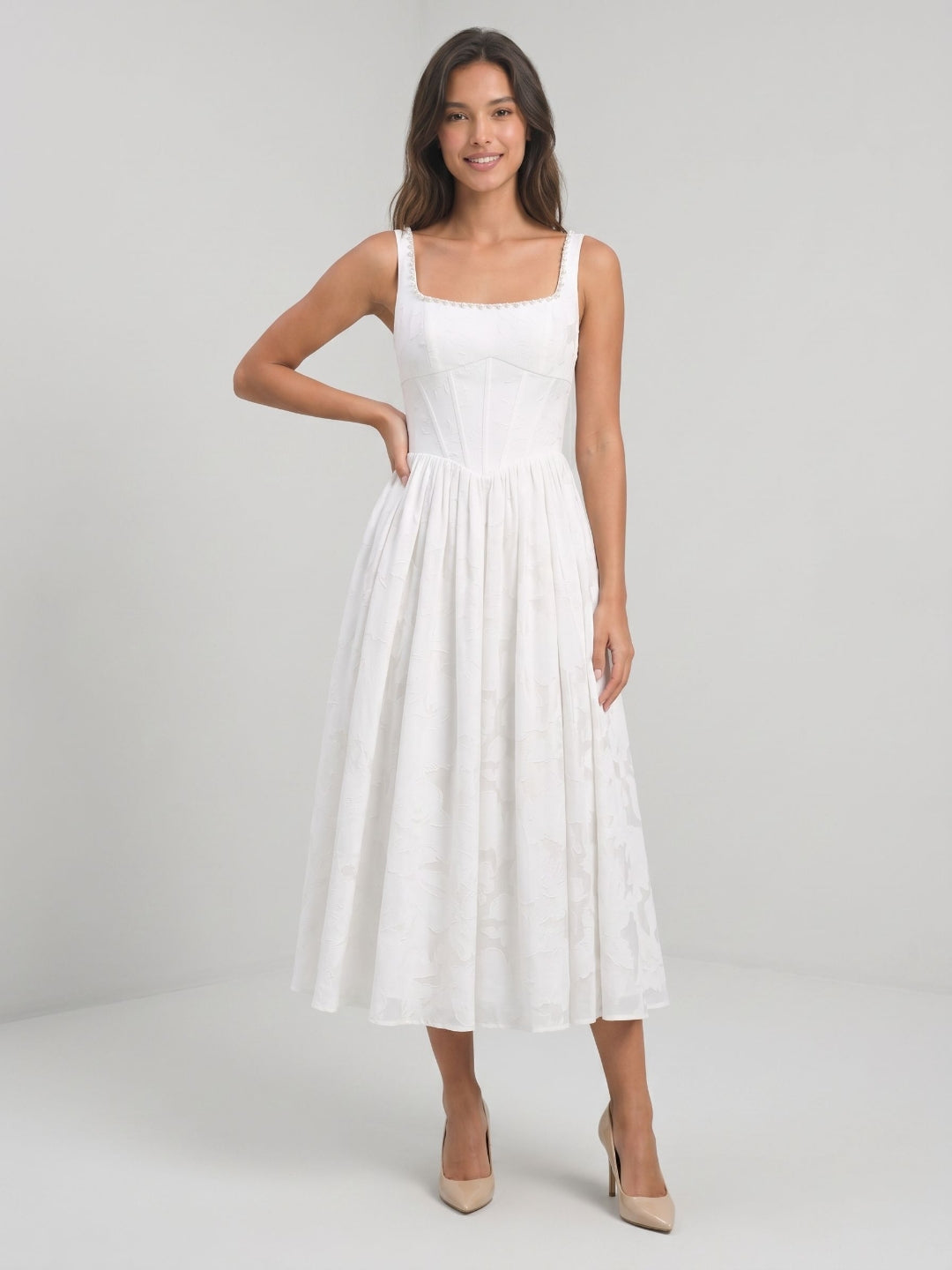 White Jacquard A-Line Square Neck Tea-Length Party Dress with Beading