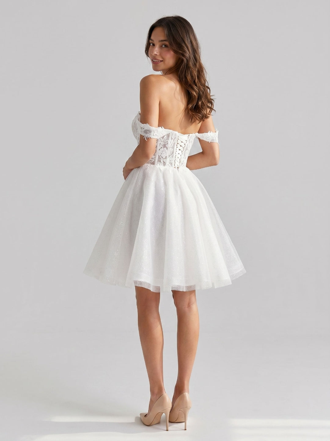 White Lace A-Line Off-the-Shoulder Criss-Cross Straps Mini Homecoming Dress with 3D Flowers
