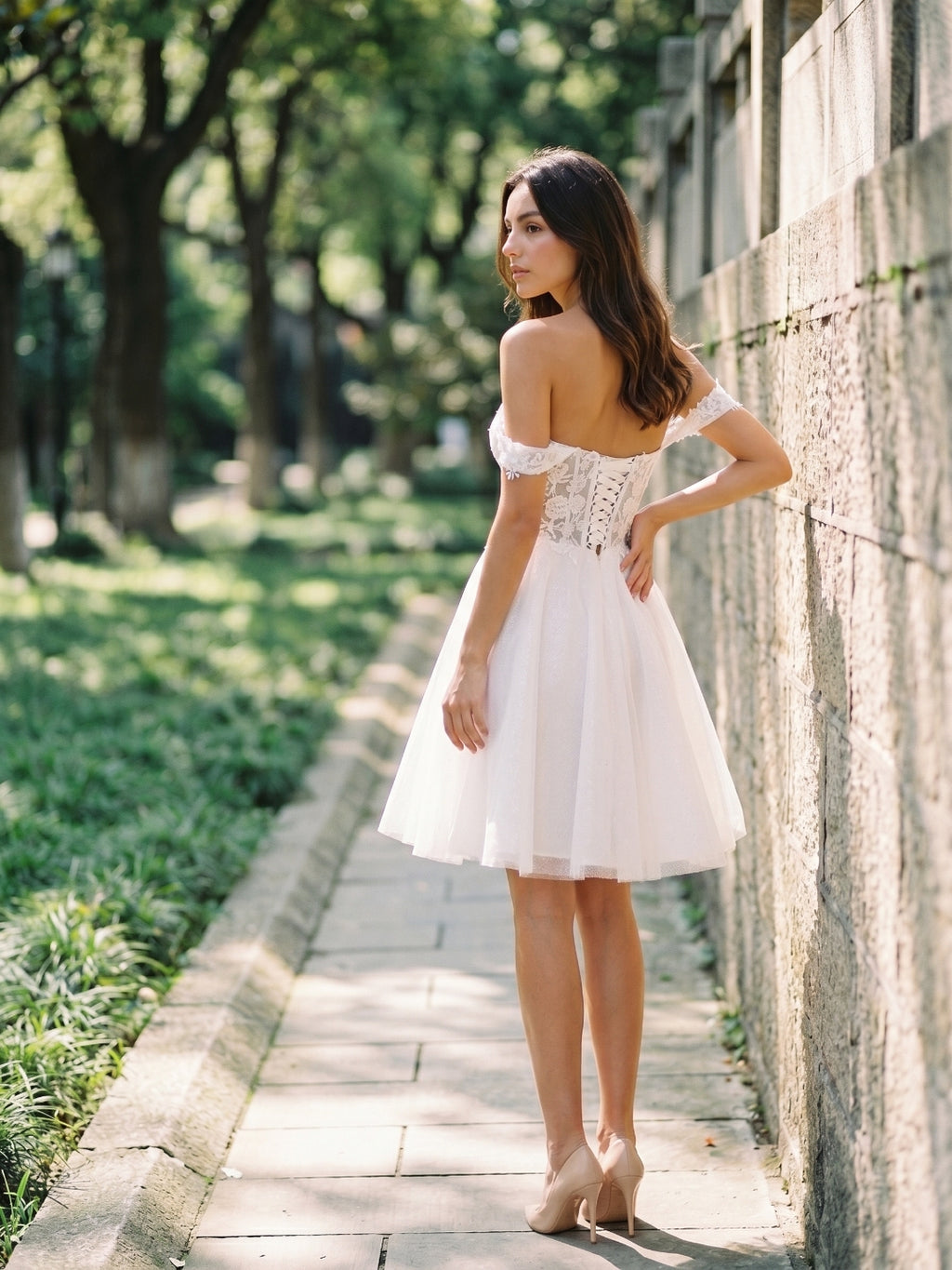 White Lace A-Line Off-the-Shoulder Criss-Cross Straps Mini Homecoming Dress with 3D Flowers