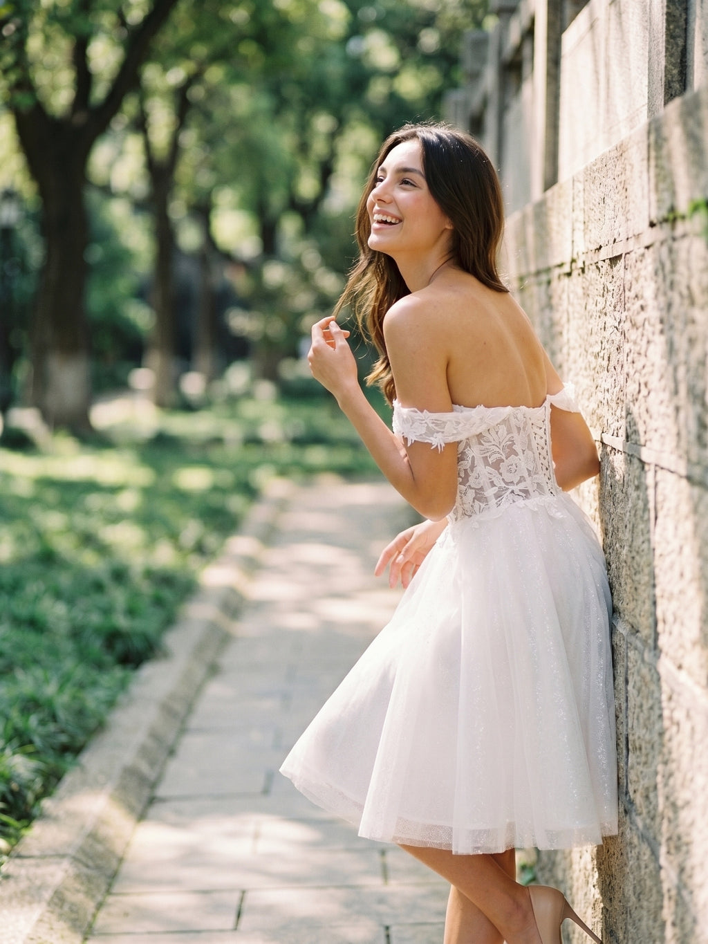 White Lace A-Line Off-the-Shoulder Criss-Cross Straps Mini Homecoming Dress with 3D Flowers