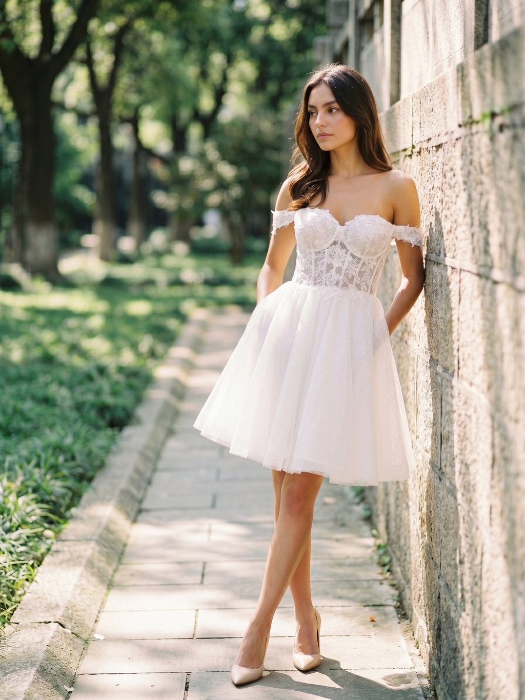 White Lace A-Line Off-the-Shoulder Criss-Cross Straps Mini Homecoming Dress with 3D Flowers