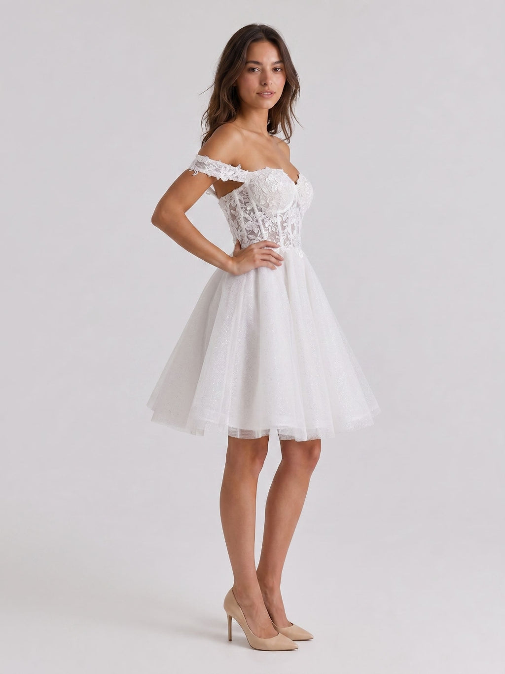 White Lace A-Line Off-the-Shoulder Criss-Cross Straps Mini Homecoming Dress with 3D Flowers