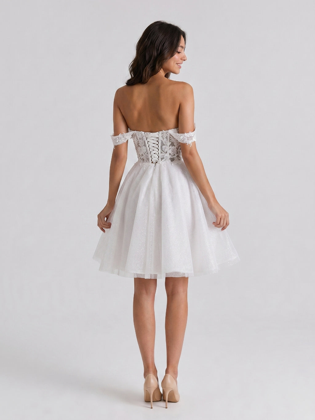 White Lace A-Line Off-the-Shoulder Criss-Cross Straps Mini Homecoming Dress with 3D Flowers