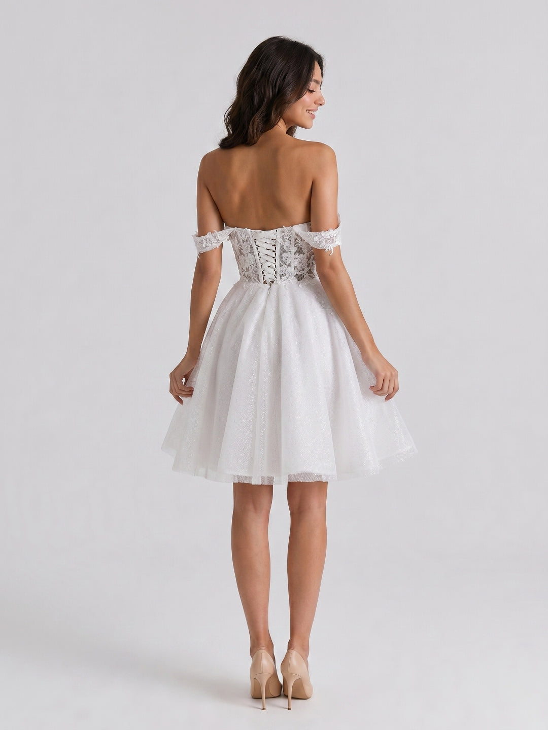 White Lace A-Line Off-the-Shoulder Criss-Cross Straps Mini Homecoming Dress with 3D Flowers