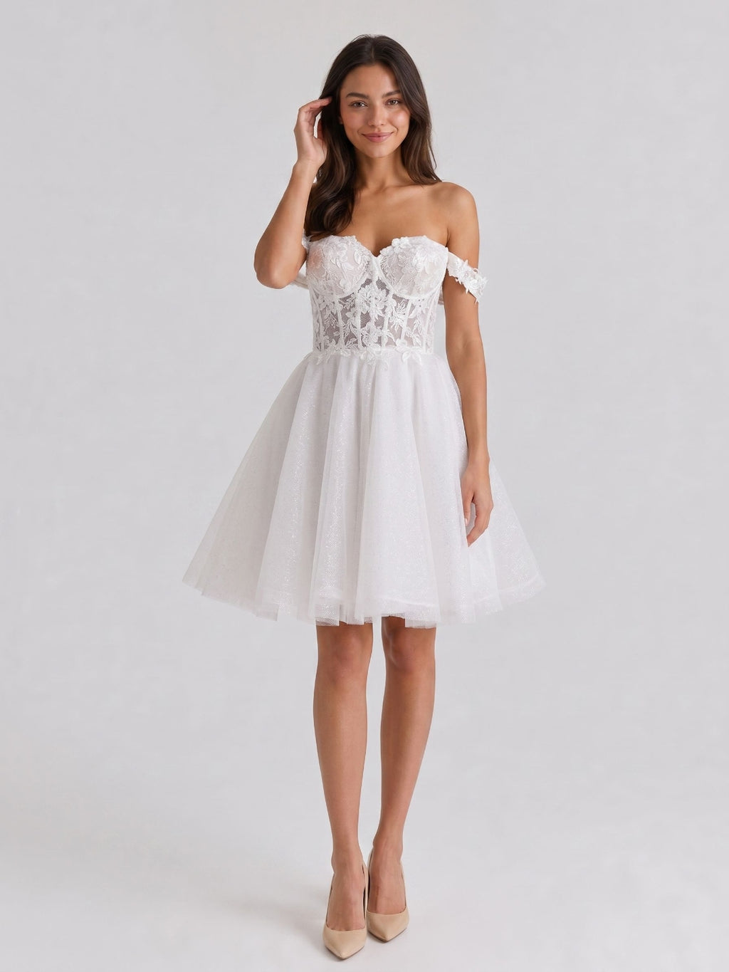 White Lace A-Line Off-the-Shoulder Criss-Cross Straps Mini Homecoming Dress with 3D Flowers