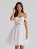White Tull A-Line Off-the-Shoulder Criss-Cross Straps Mini Homecoming Dress with 3D Flowers