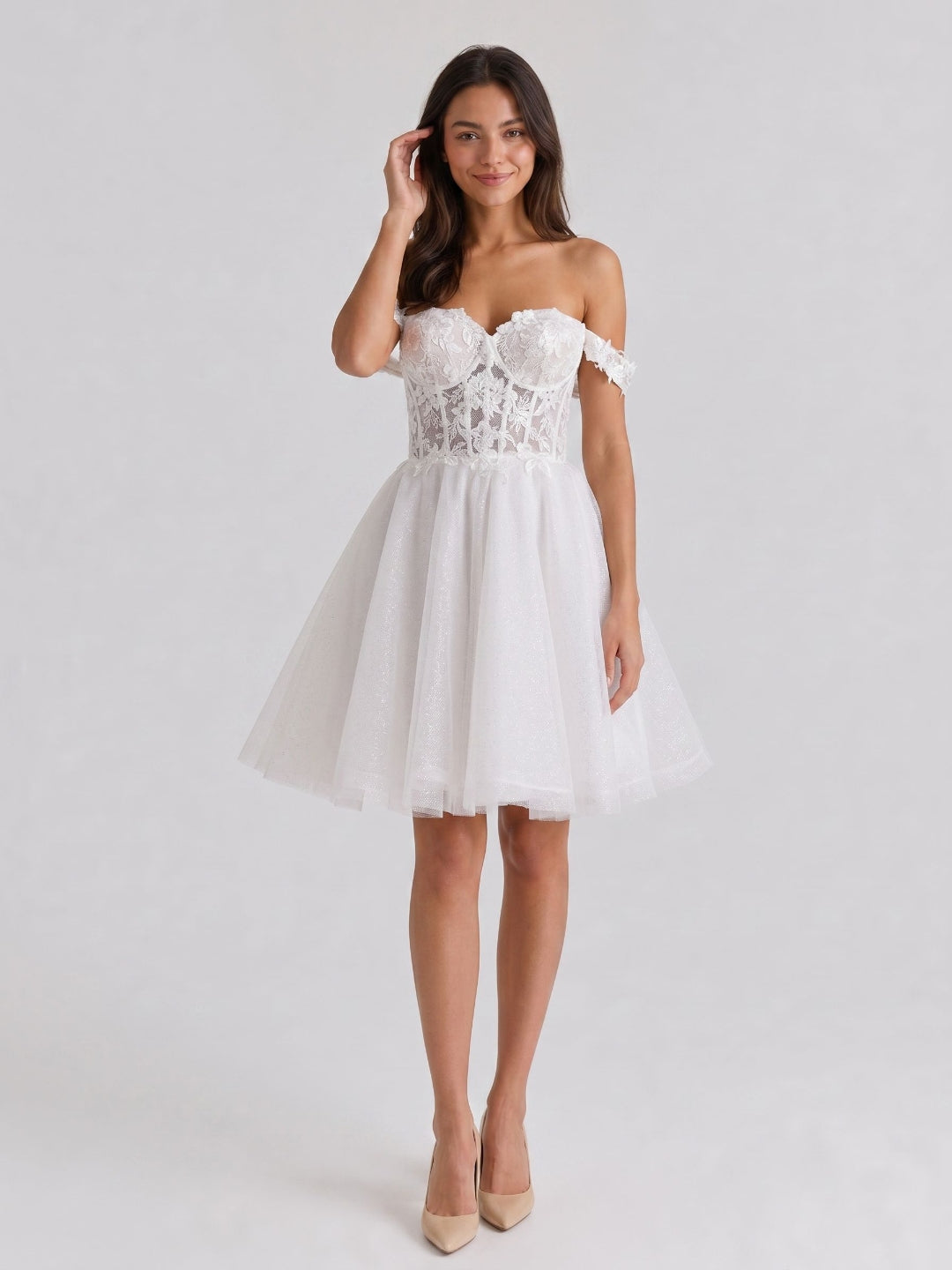 White Lace A-Line Off-the-Shoulder Criss-Cross Straps Mini Homecoming Dress with 3D Flowers