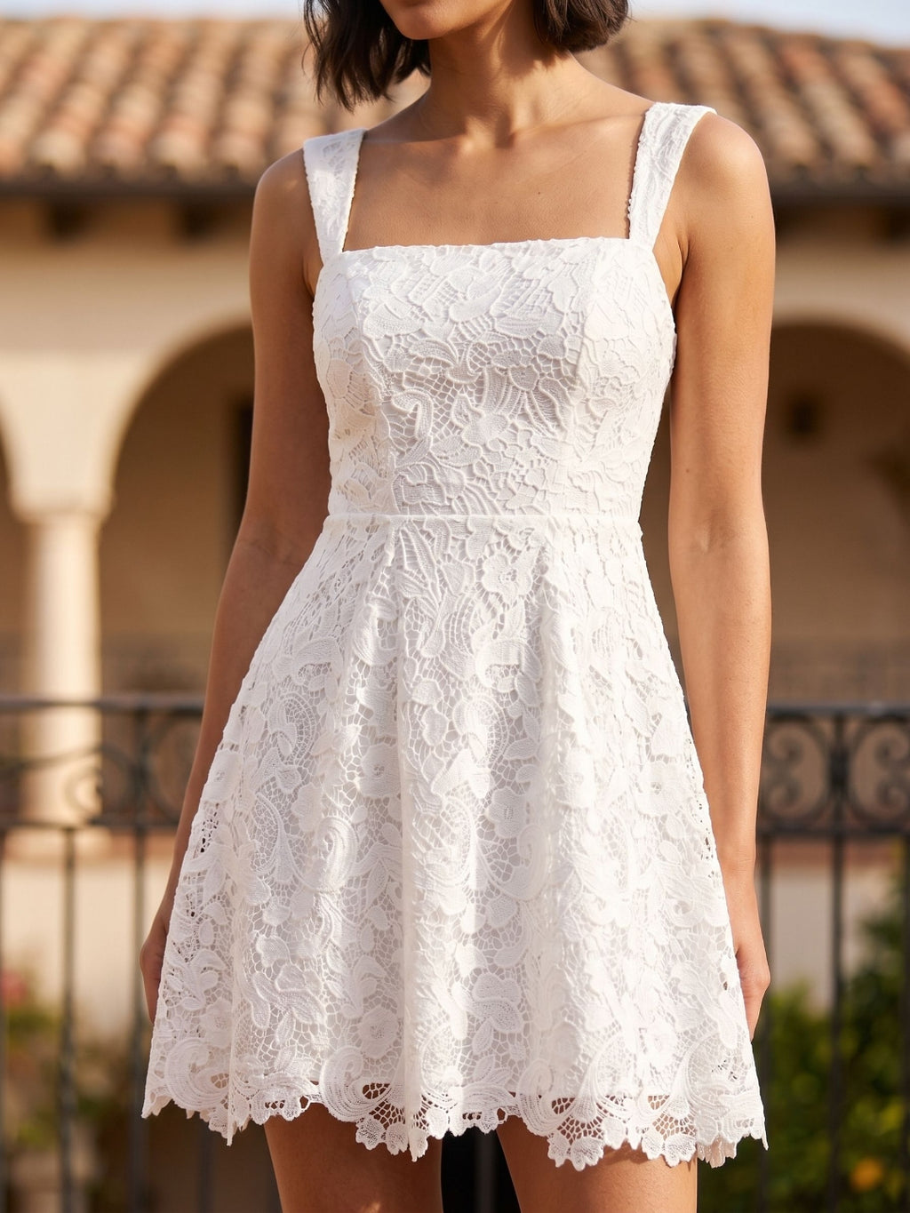 White Lace A-Line Square Neck Back Zip Short Party Dress