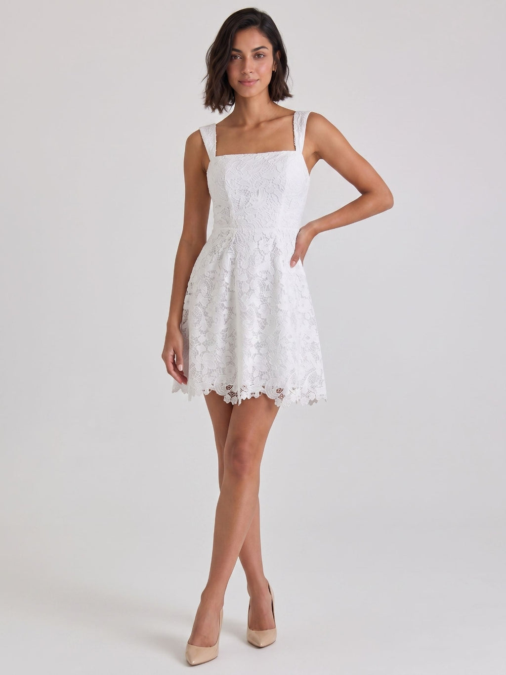White Lace A-Line Square Neck Back Zip Short Party Dress