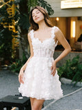 White Lace A-Line Sweetheart Criss-Cross Straps Mini Homecoming Dress with 3D Flowers
