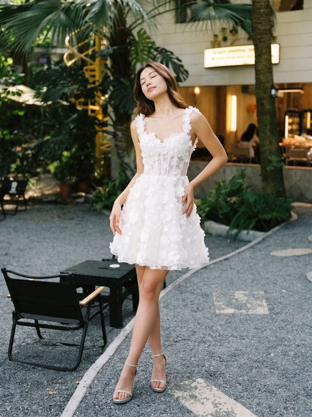 White Lace A-Line Sweetheart Criss-Cross Straps Mini Homecoming Dress with 3D Flowers