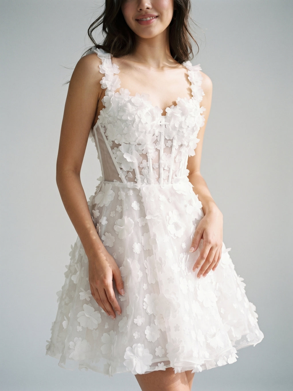 White Lace A-Line Sweetheart Criss-Cross Straps Mini Homecoming Dress with 3D Flowers