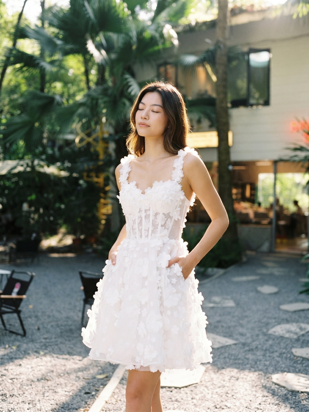 White Lace A-Line Sweetheart Criss-Cross Straps Mini Homecoming Dress with 3D Flowers