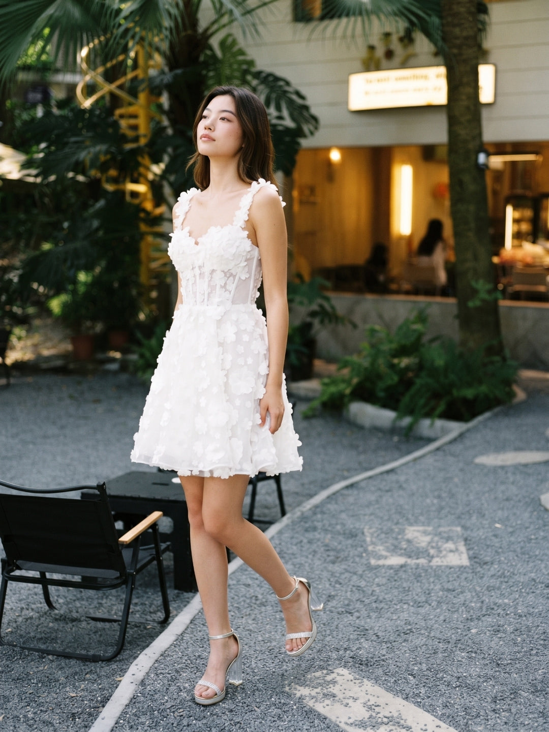 White Lace A-Line Sweetheart Criss-Cross Straps Mini Homecoming Dress with 3D Flowers