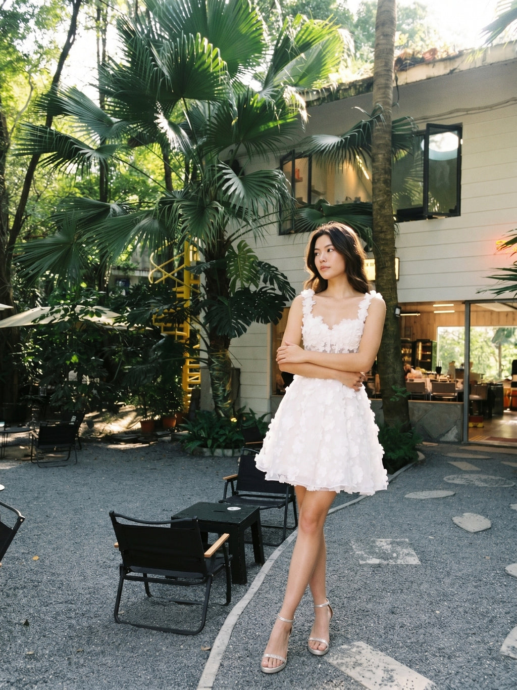 White Lace A-Line Sweetheart Criss-Cross Straps Mini Homecoming Dress with 3D Flowers
