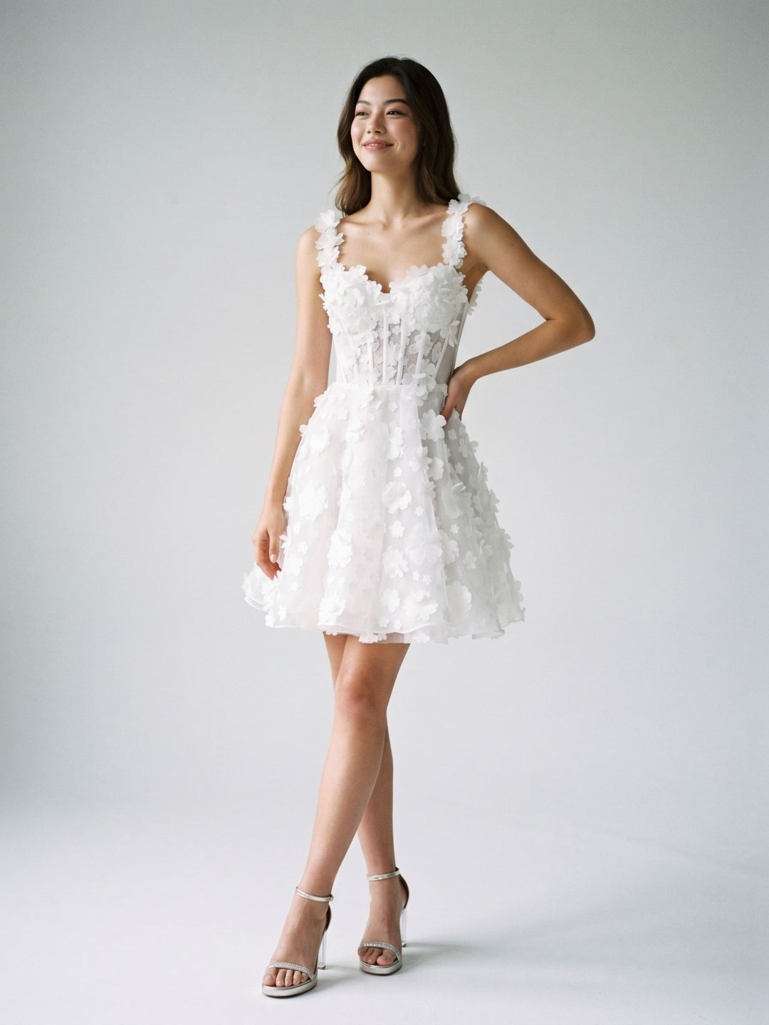 White Lace A-Line Sweetheart Criss-Cross Straps Mini Homecoming Dress with 3D Flowers