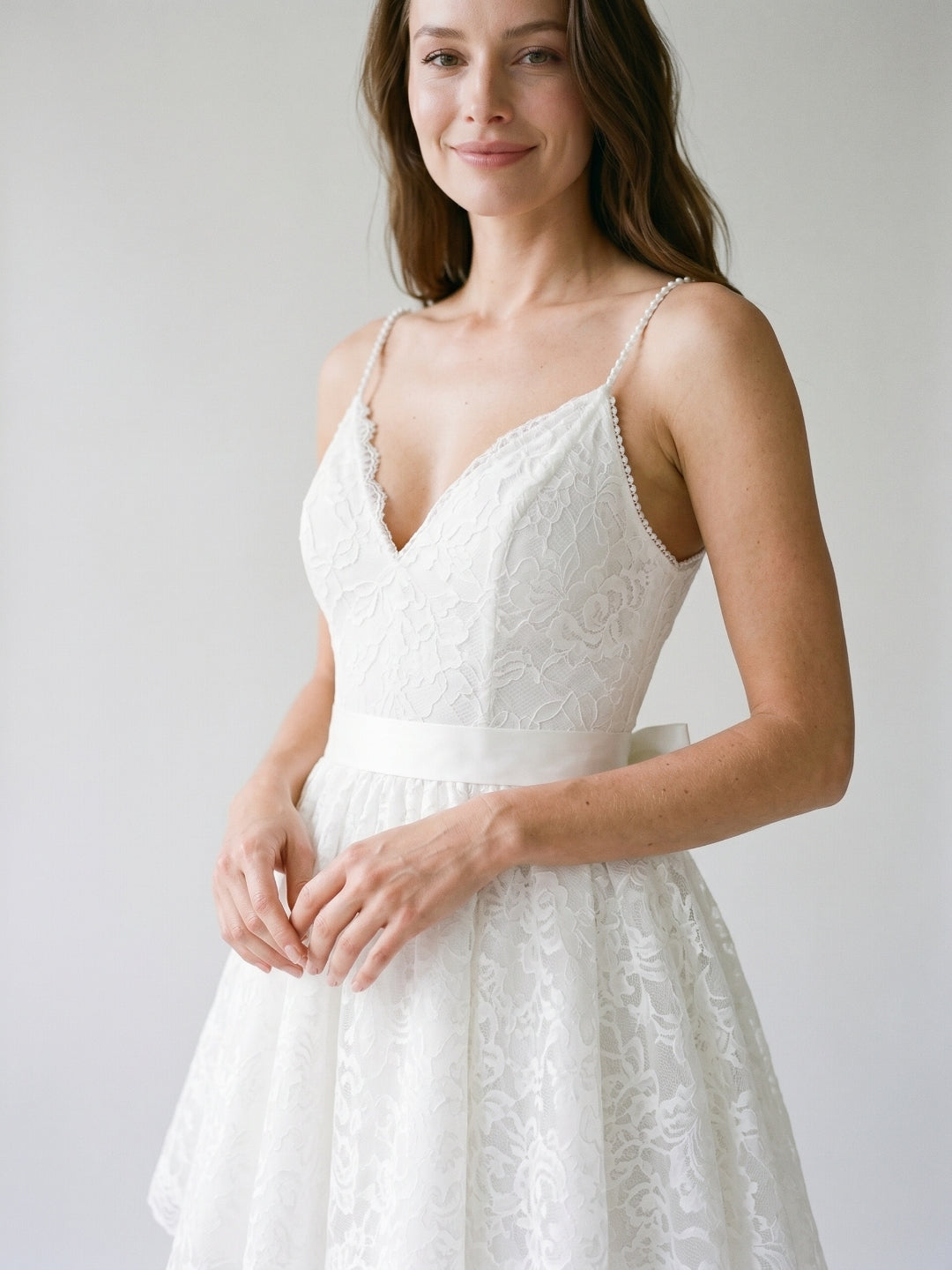 White Lace A-Line V-Neck Backless Short Homecoming Dress with Bow
