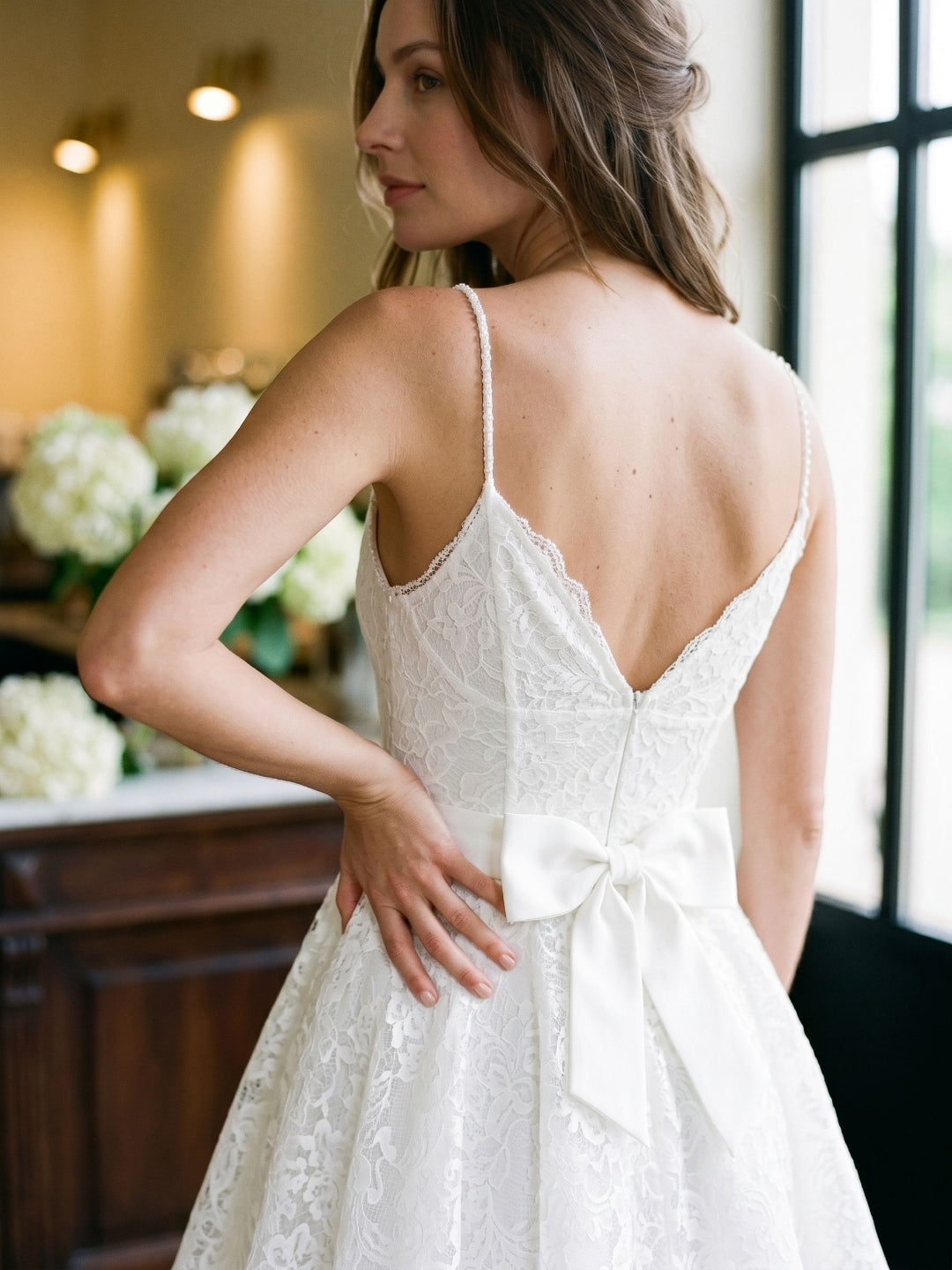 White Lace A-Line V-Neck Backless Short Homecoming Dress with Bow