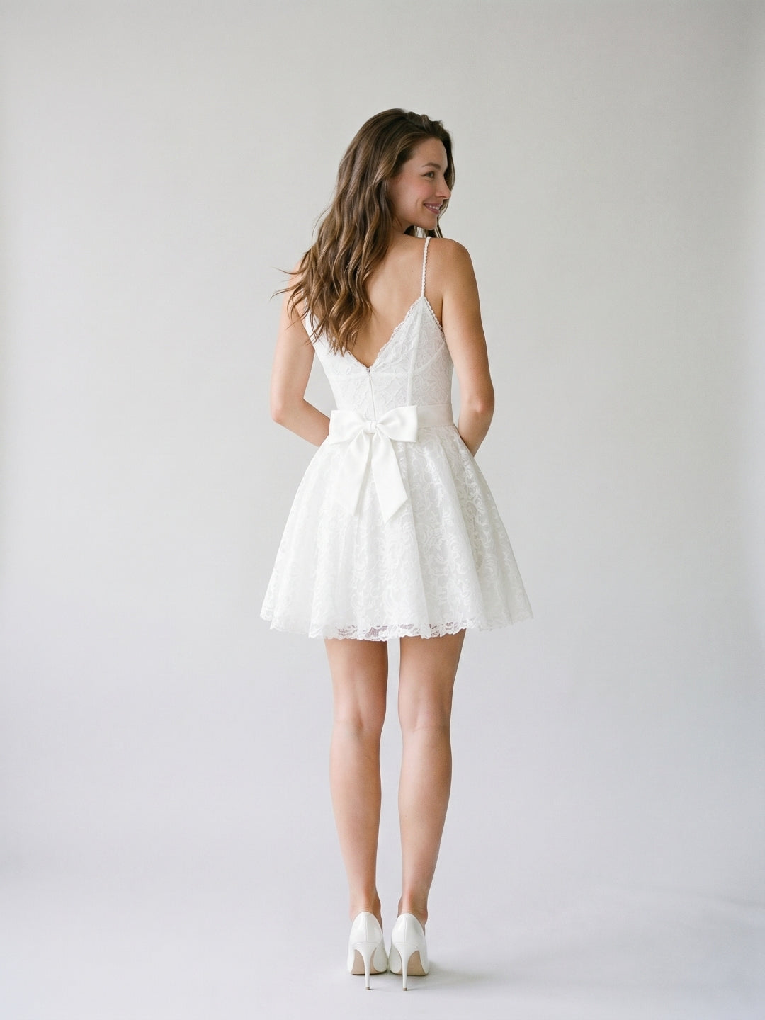 White Lace A-Line V-Neck Backless Short Homecoming Dress with Bow