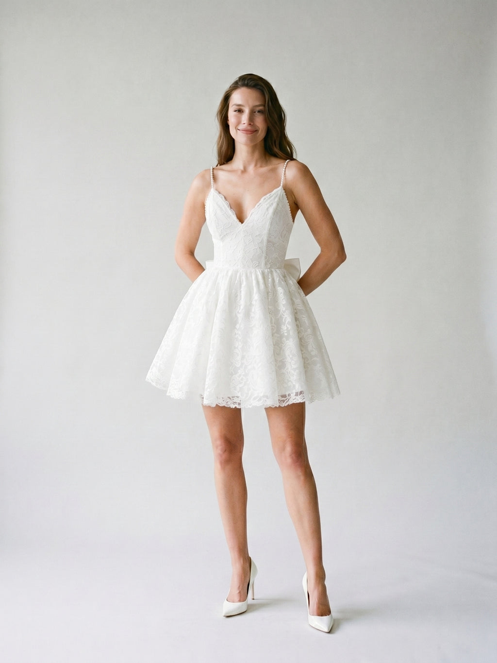 White Lace A-Line V-Neck Backless Short Homecoming Dress with Bow