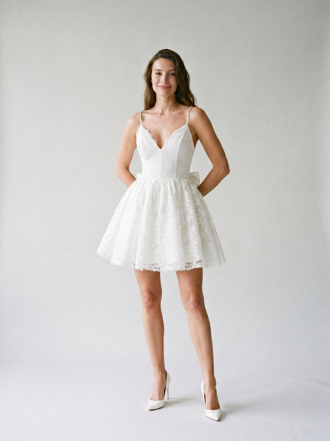 White Lace A-Line V-Neck Backless Short Homecoming Dress with Bow