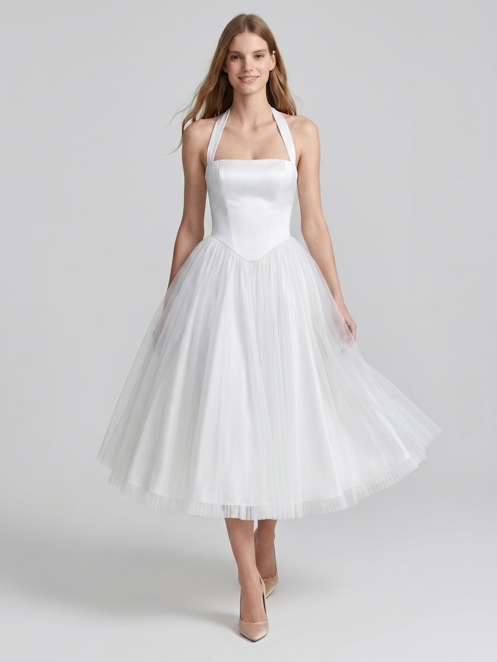 White Matte Satin A-Line Halter Backless Tea-Length Bridesmaid Dress with Pleats
