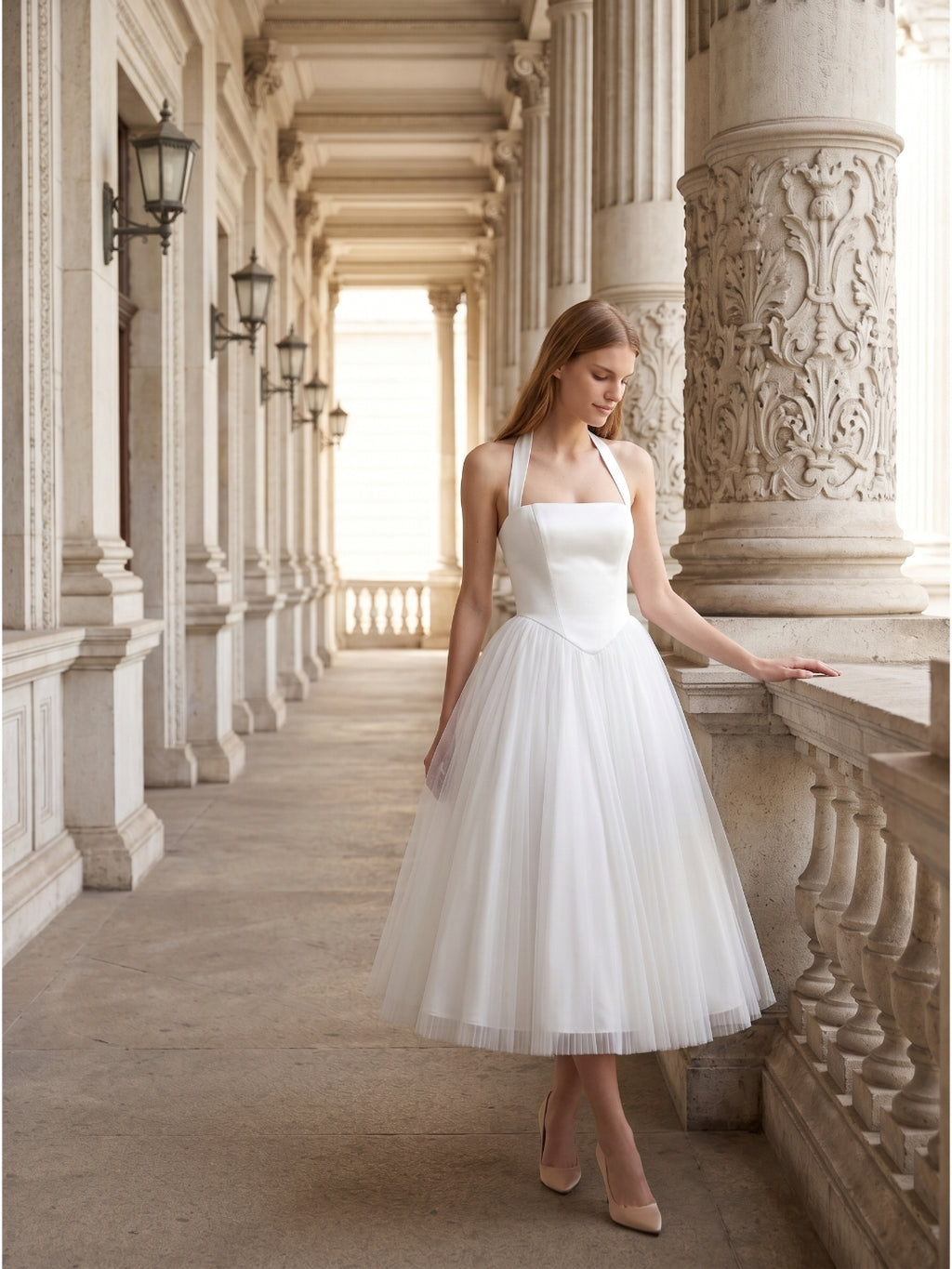 White Matte Satin A-Line Halter Backless Tea-Length Bridesmaid Dress with Pleats